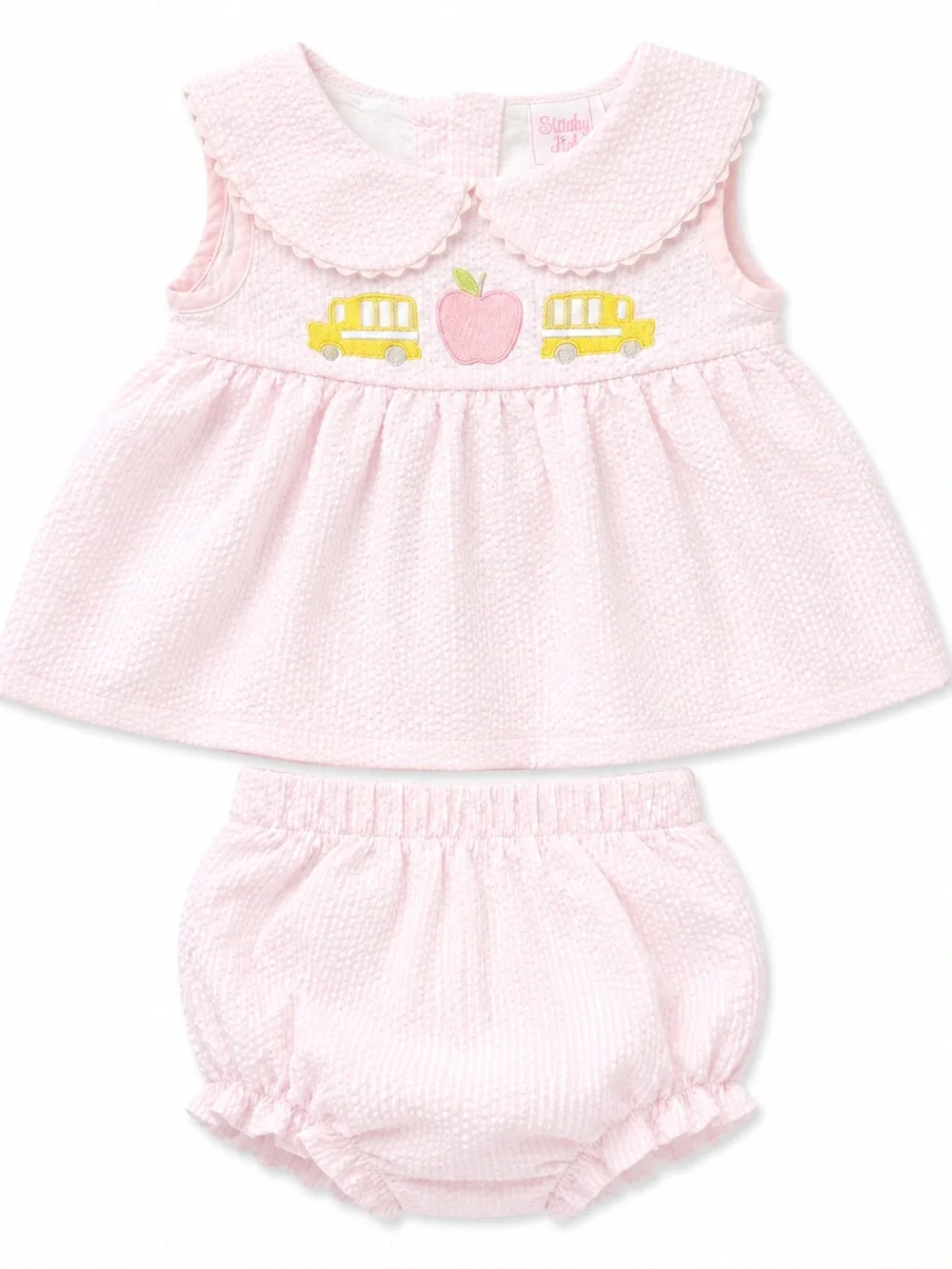 Stitchy Fish Pink School Bus Apple Seersucker Bloomer Set Baby Girl 12M